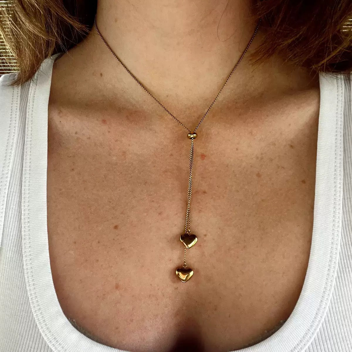 14K Gold Dangle Heart Lariat Necklace