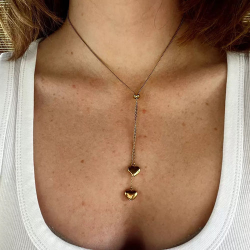 14K Gold Dangle Heart Lariat Necklace