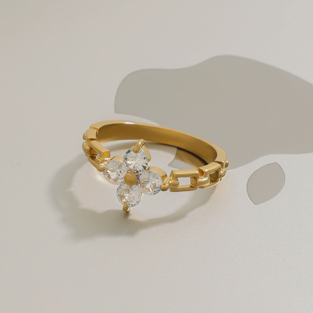 18K Gold Four Leaf Clover Flower Chain Band Stacking Ring