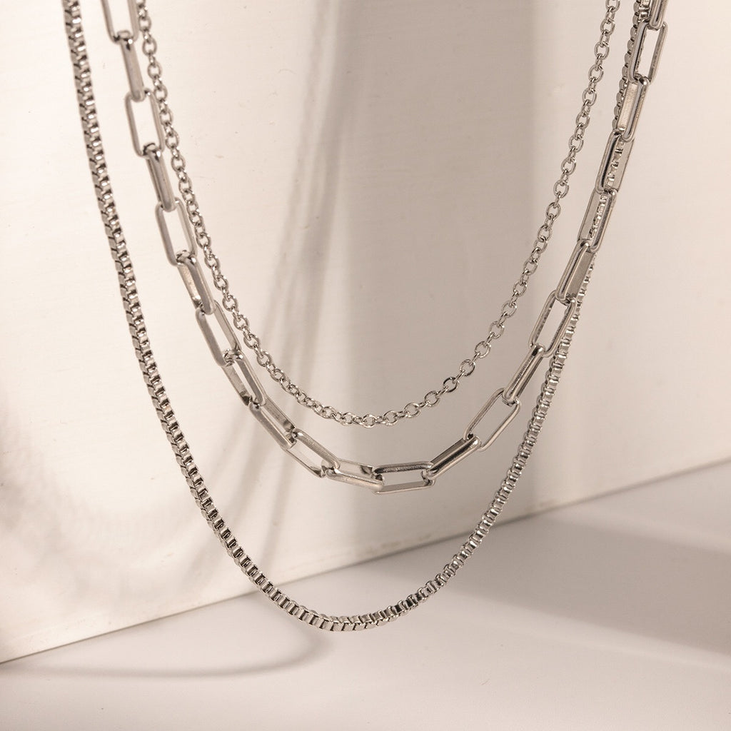 The Essential Stack Silver Paperclip Box Chain Layered Necklace Set
