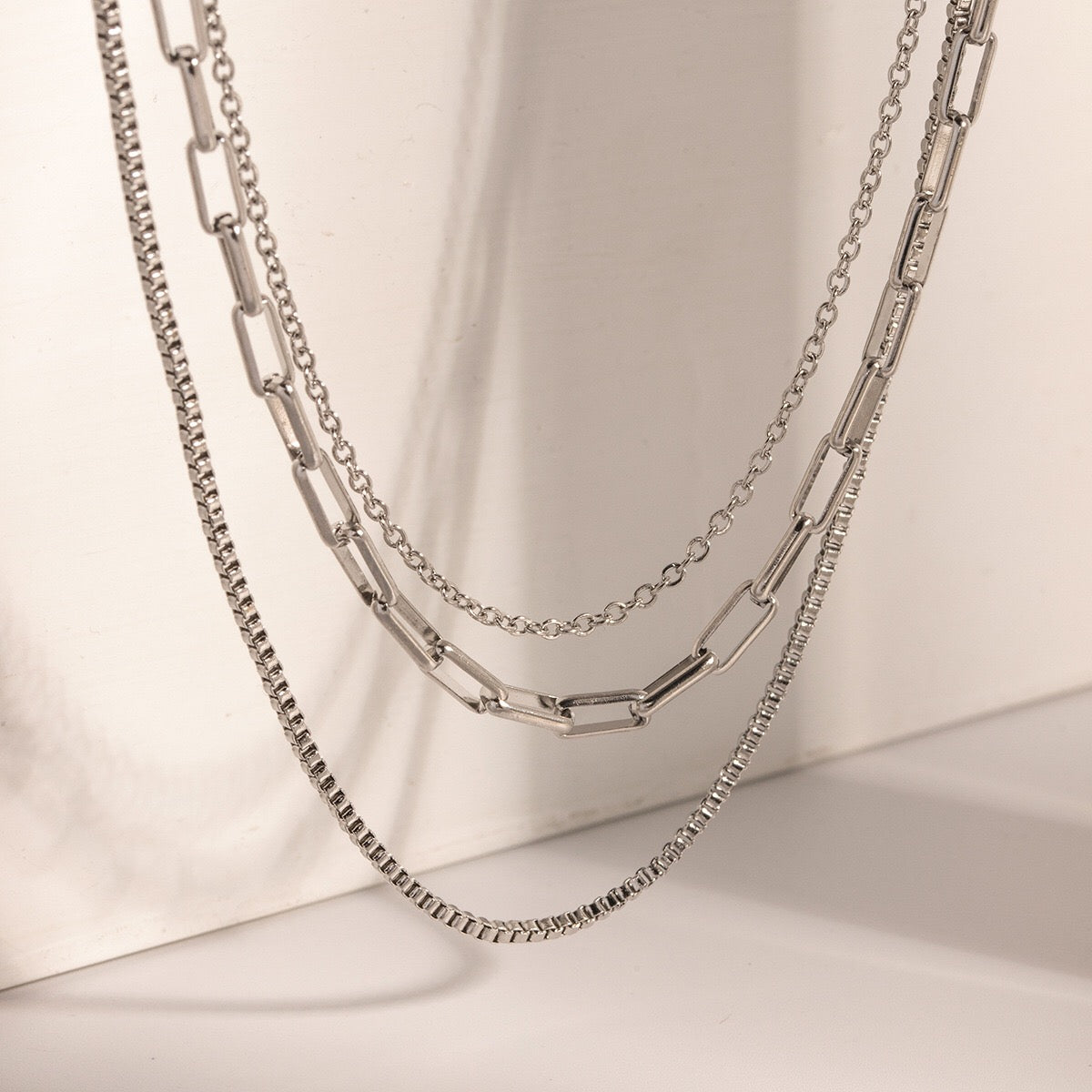 The Essential Stack Silver Paperclip Box Chain Layered Necklace Set