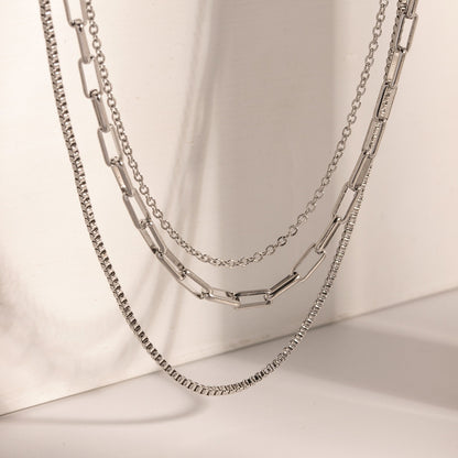 The Essential Stack Silver Paperclip Box Chain Layered Necklace Set