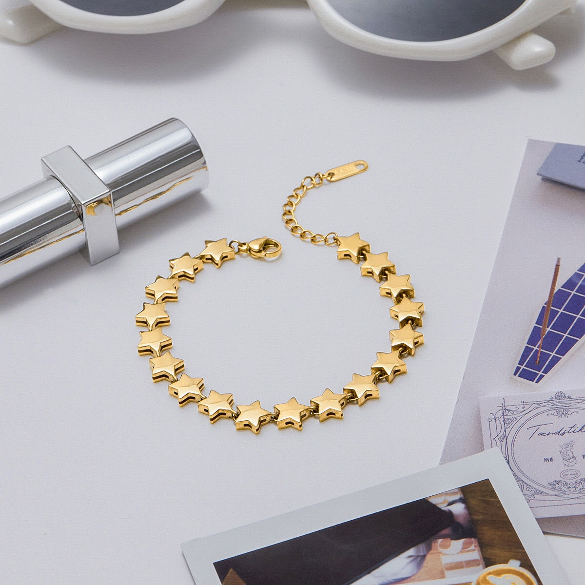 18K Gold Pink Dream Star Tennis Chain Bracelet Stack