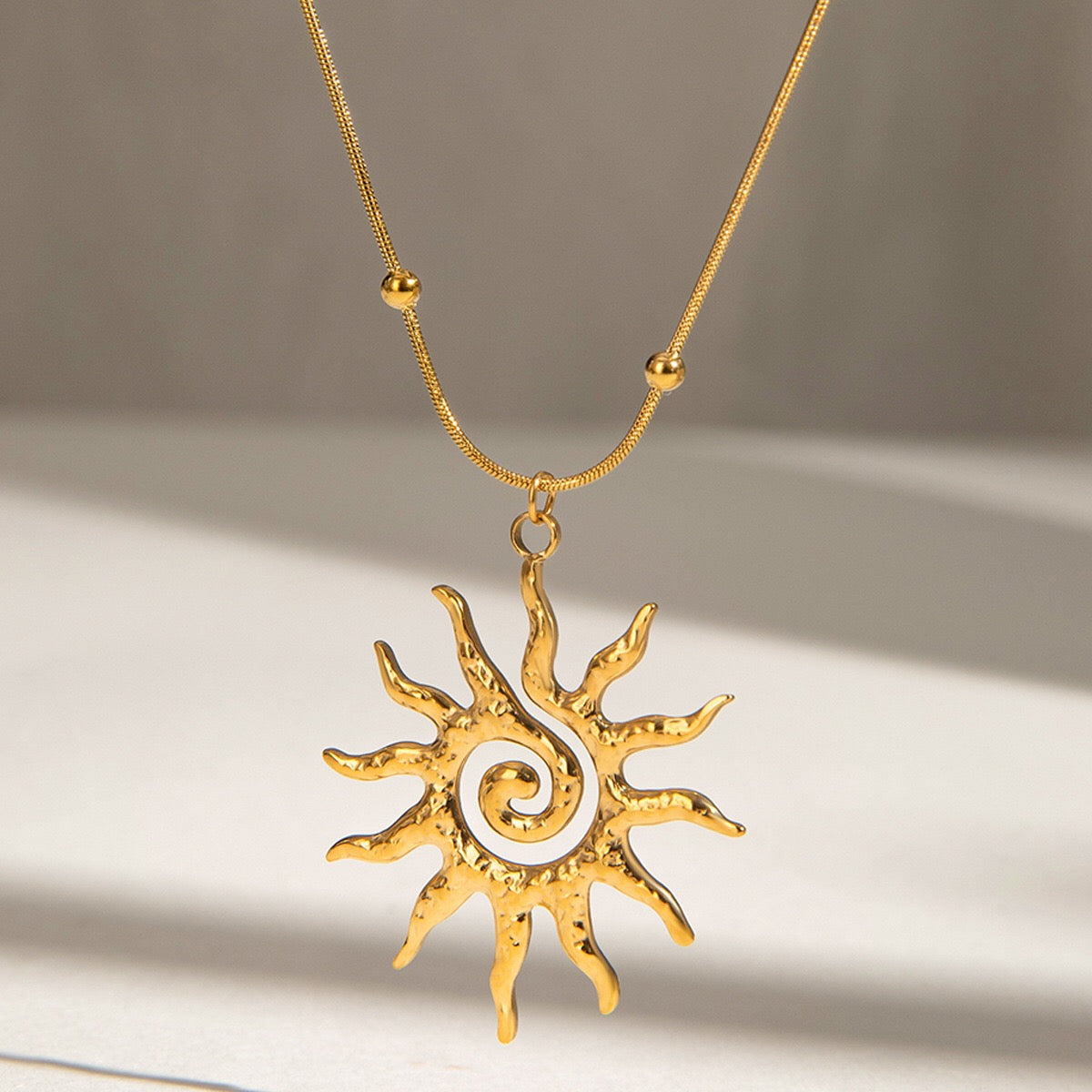 18K Gold Solar Flame Sun Pendant Statement Necklace