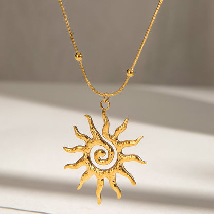 18K Gold Solar Flame Sun Pendant Statement Necklace