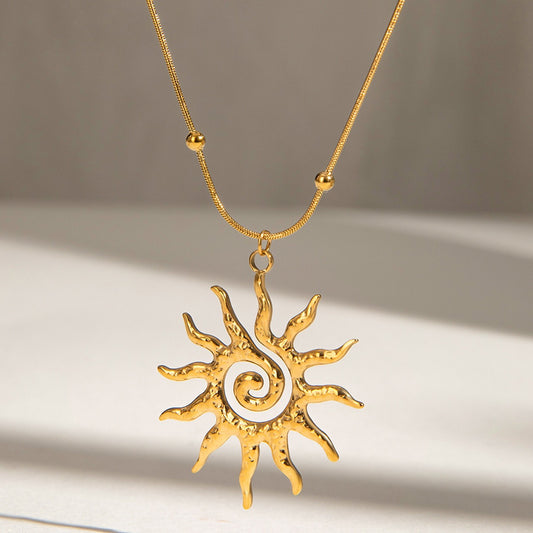 18K Gold Solar Flame Sun Pendant Statement Necklace
