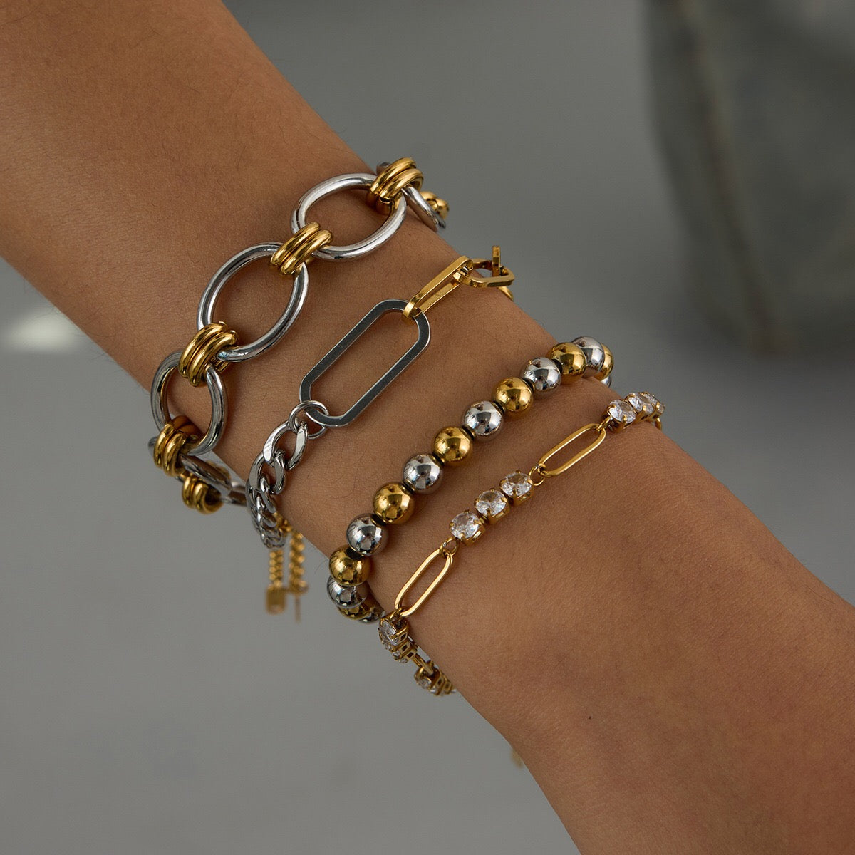 18K Gold and Silver Two Tone Duality Chain Bracelet Stack