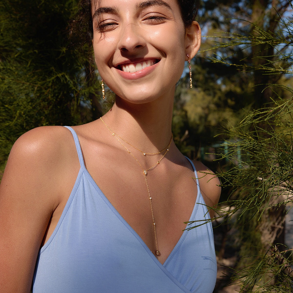 18K Gold Cascade Light Y Shape Lariat Double Chain Dainty Necklace