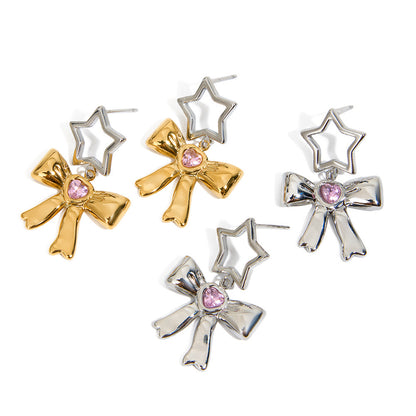 18K Gold Silver Star Pink Jewel Bow Statement Stud Dangle Earrings