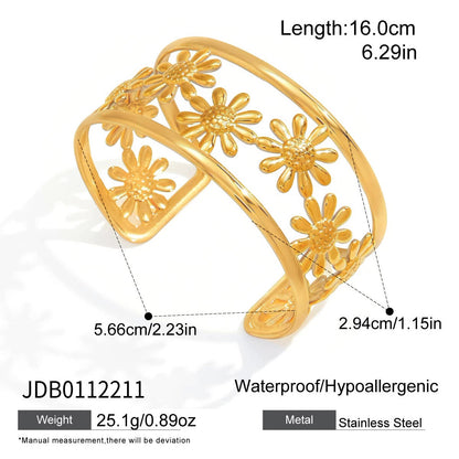 18K Gold and Silver Two Tone Wild Bloom Flower Statement Bangle Cuff Bracelet