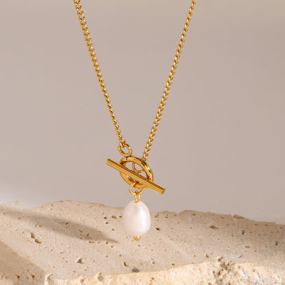 18K Gold Simple Pearl Pendant Toggle Chain Necklace