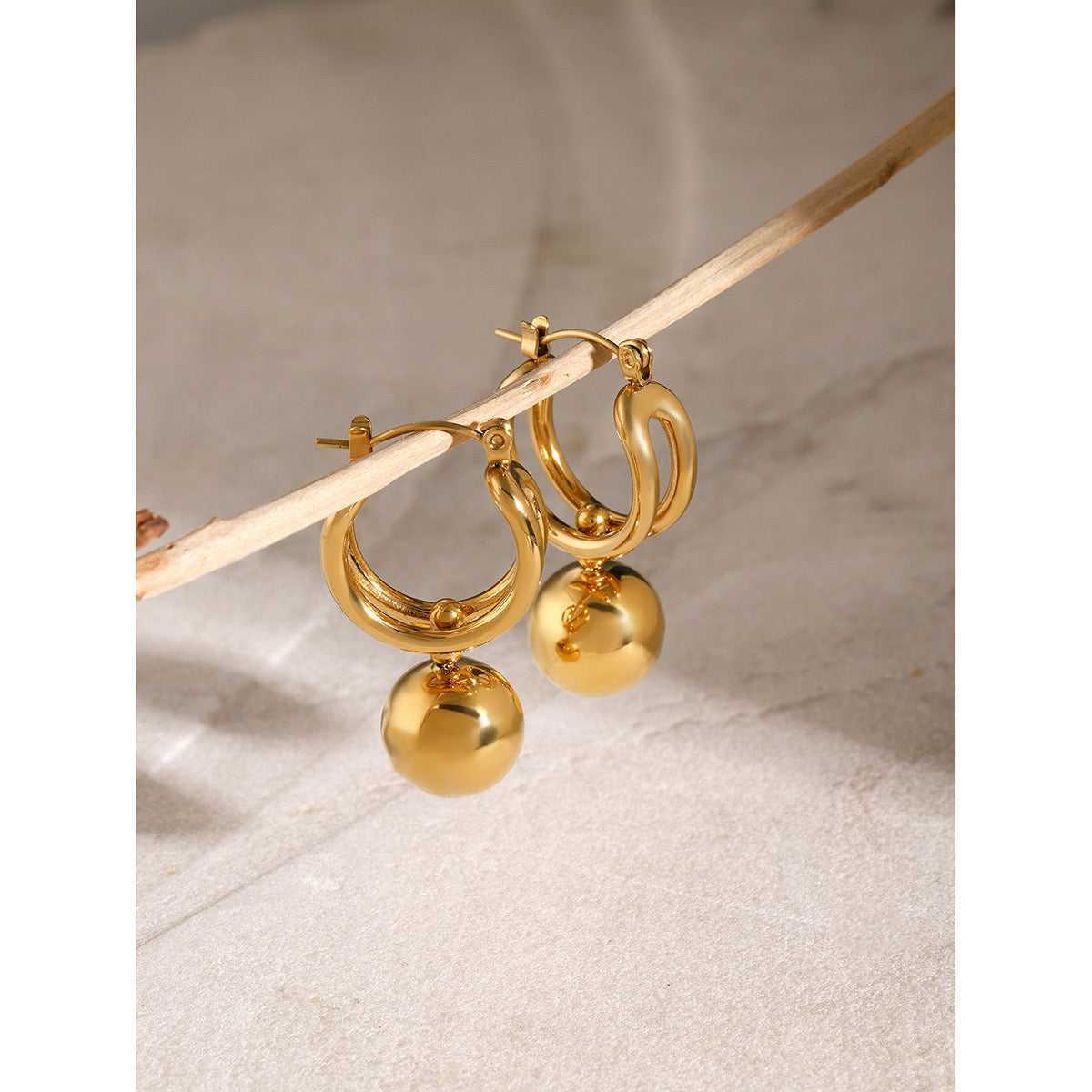 18K Gold Slideable Ball Drop Dangle Huggie Earrings