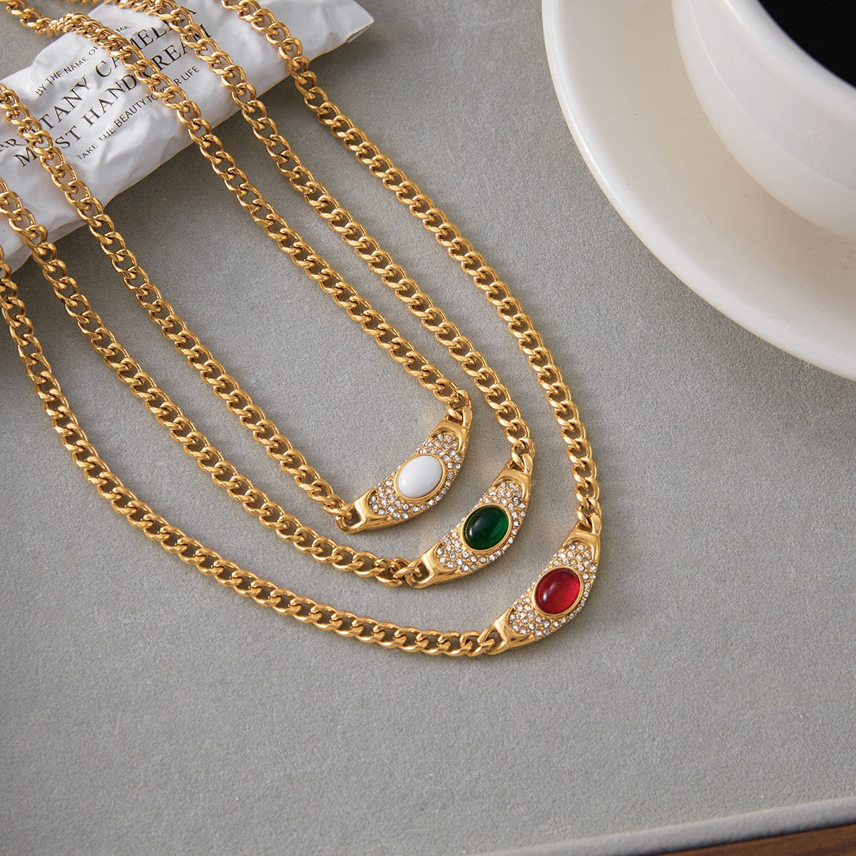 18K Gold Empire Gemstone Cuban Link Chain Statement Necklace