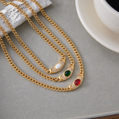 18K Gold Empire Gemstone Cuban Link Chain Statement Necklace