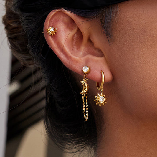 18K Gold Stars and Moon Celestial Huggie Chain Earrings Cartilage Stud Set