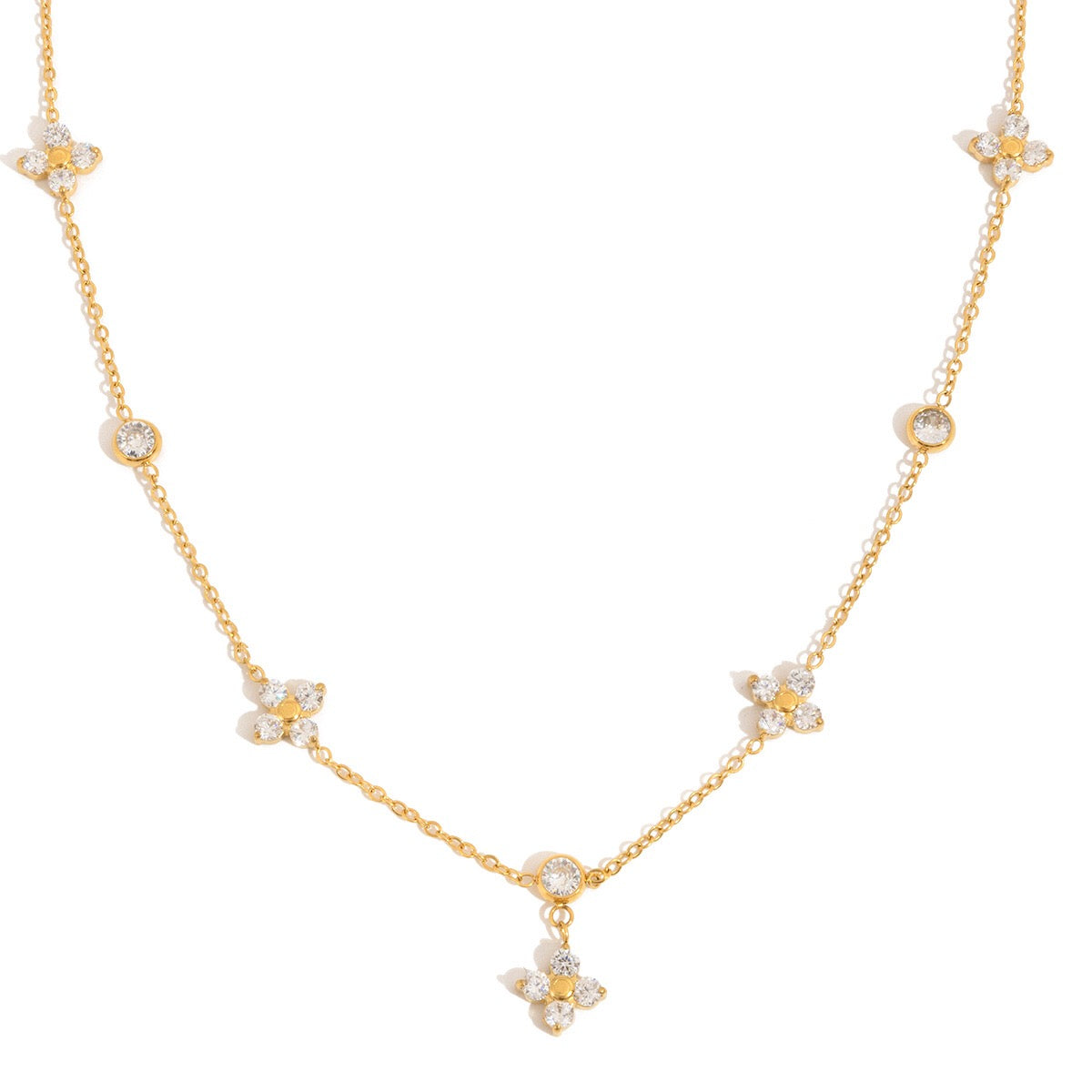 18K Gold Lucky Petal Four Leaf Clover Flower Dainty CZ Necklace
