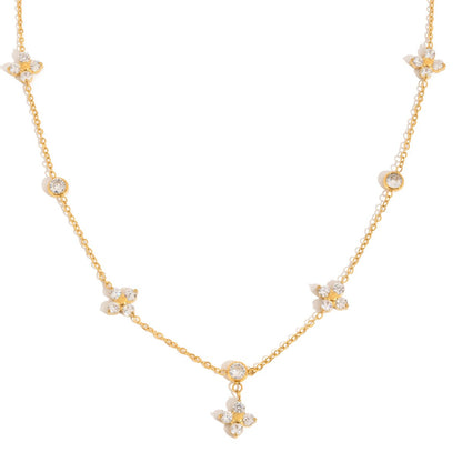 18K Gold Lucky Petal Four Leaf Clover Flower Dainty CZ Necklace