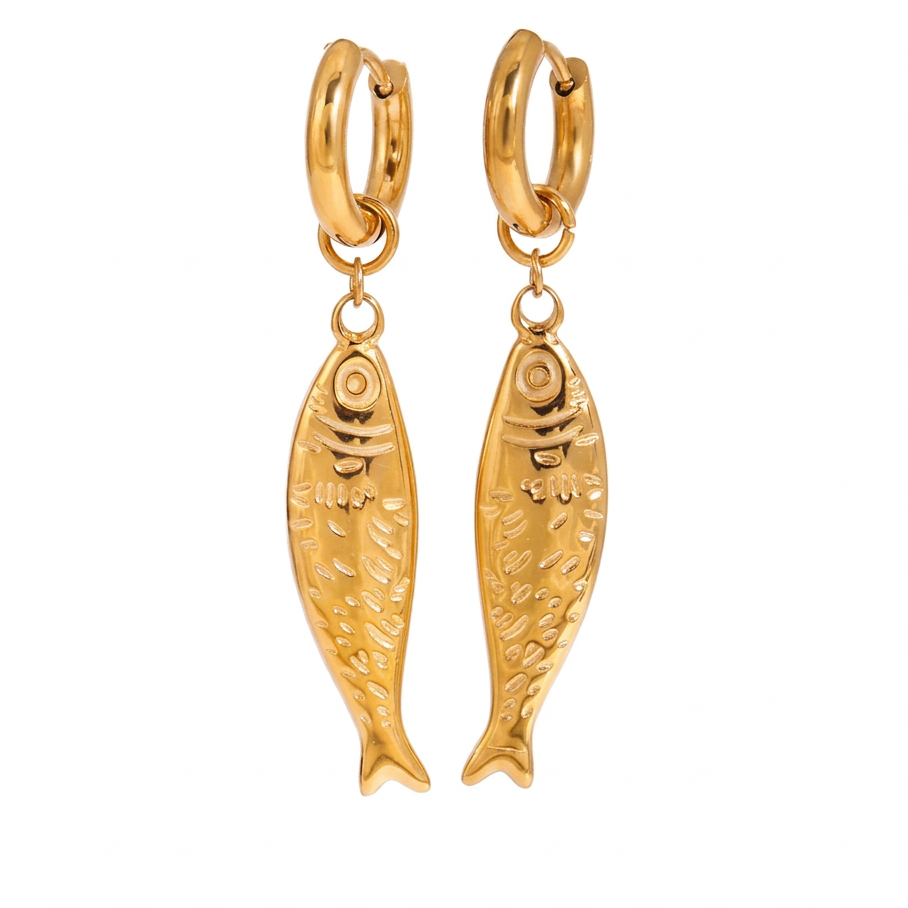 18K Gold Ocean Themed Fish Pendant Necklace & Hoop Dangle Earrings Set