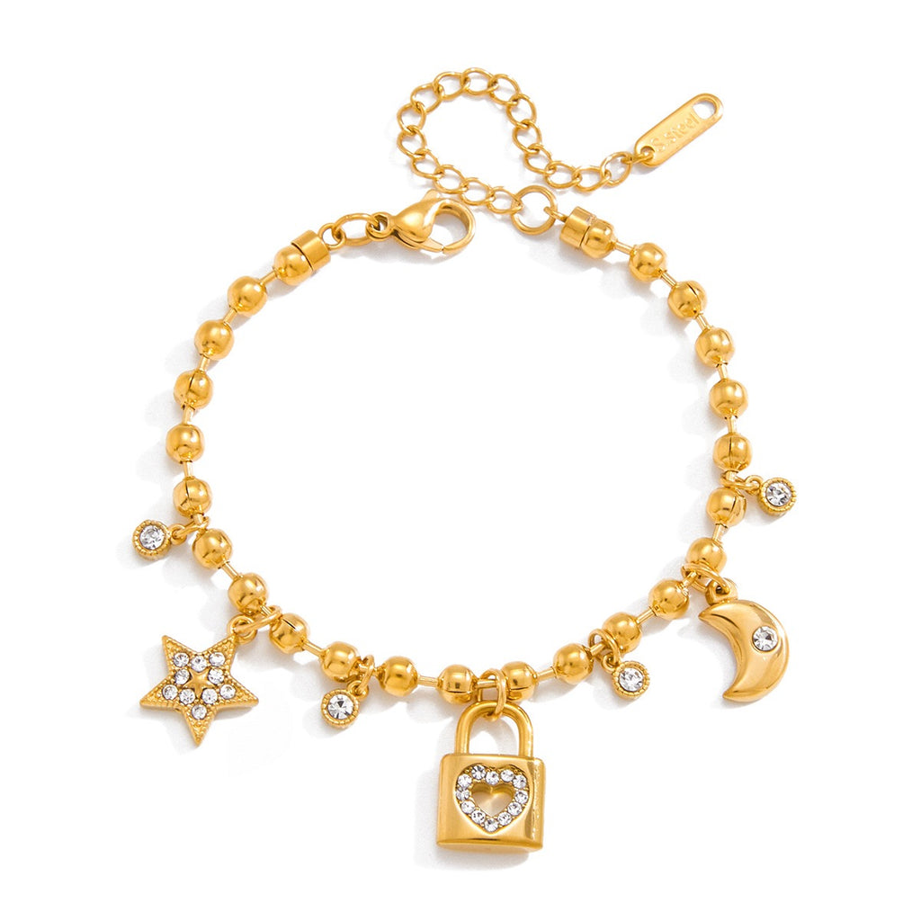 18K Gold Secret Lover Heart Lock and Key Charm Chunky Chain Bracelet