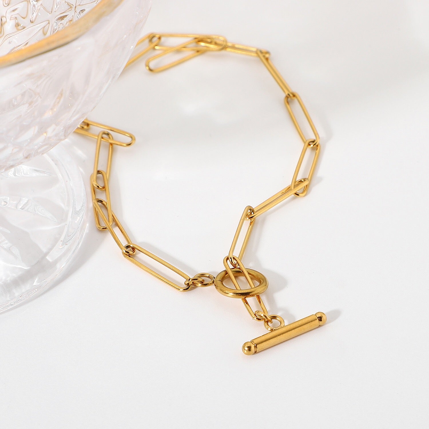 18K Gold Trendy Paperclip Toggle Chain Choker Necklace