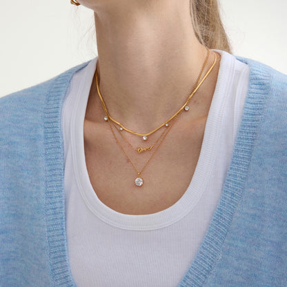 18K Gold Minimal Glow CZ Pendant Paperclip Beaded Chain Layered Necklace Set