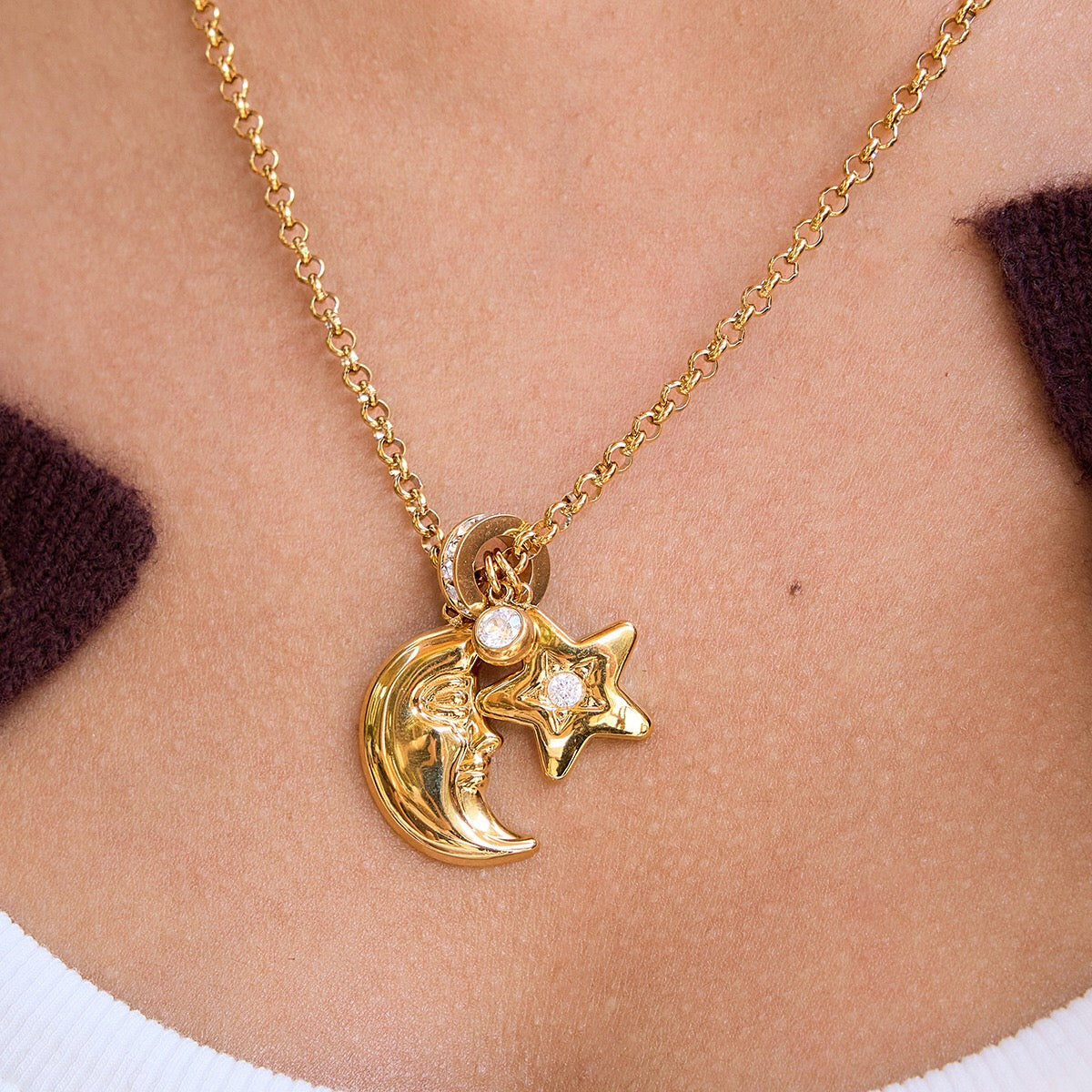 18K Gold Starlight Star and Moon Charm Necklace
