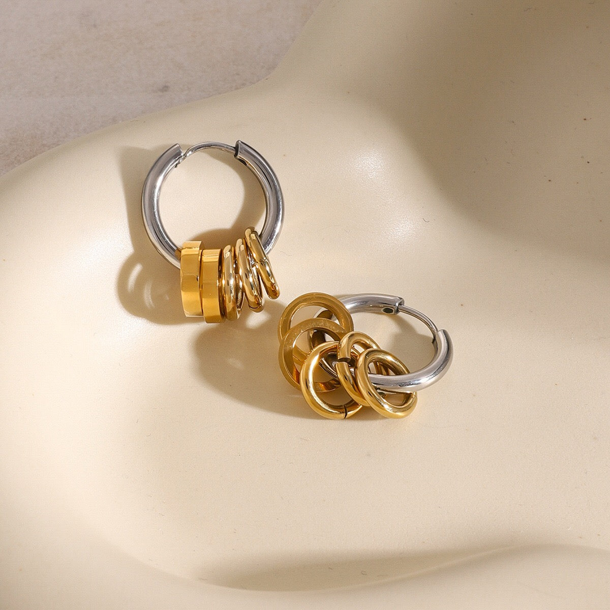18K Gold and Silver Two Tone Sweet Motion Dangle Hoop Earrings