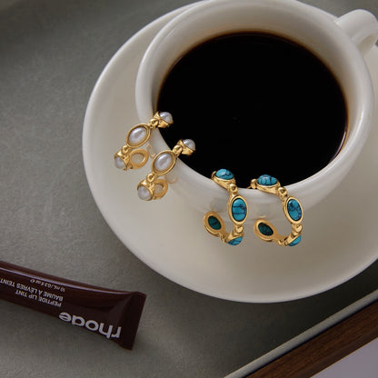18K Gold Modern Charm Pearl Turquoise Hoop Earrings