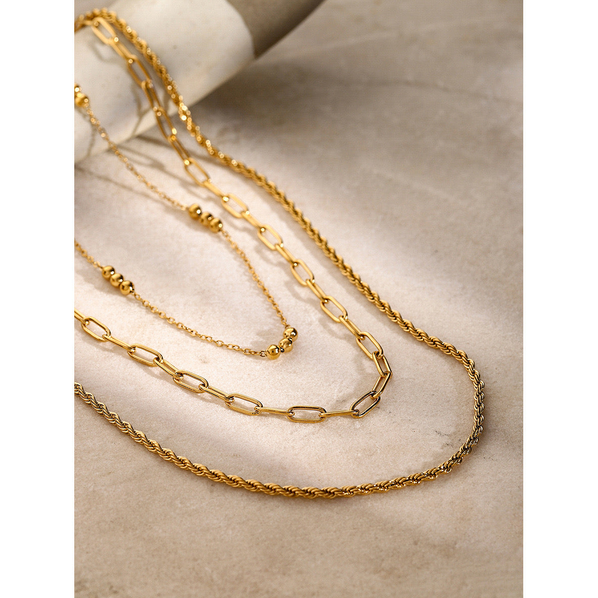18K Gold Paperclip Rope Chain Beaded Layered Necklace Set