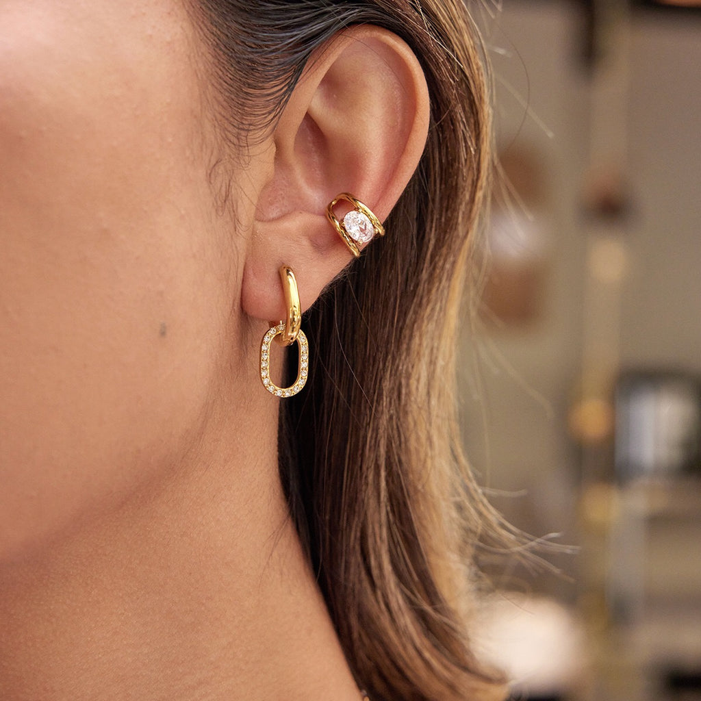 18K Gold Dazzle Huggie Dangle Earrings CZ Ear Cuffs Stack