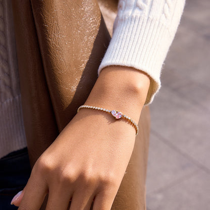 18K Gold Pink Promise Heart Dainty Tennis Chain Bracelet
