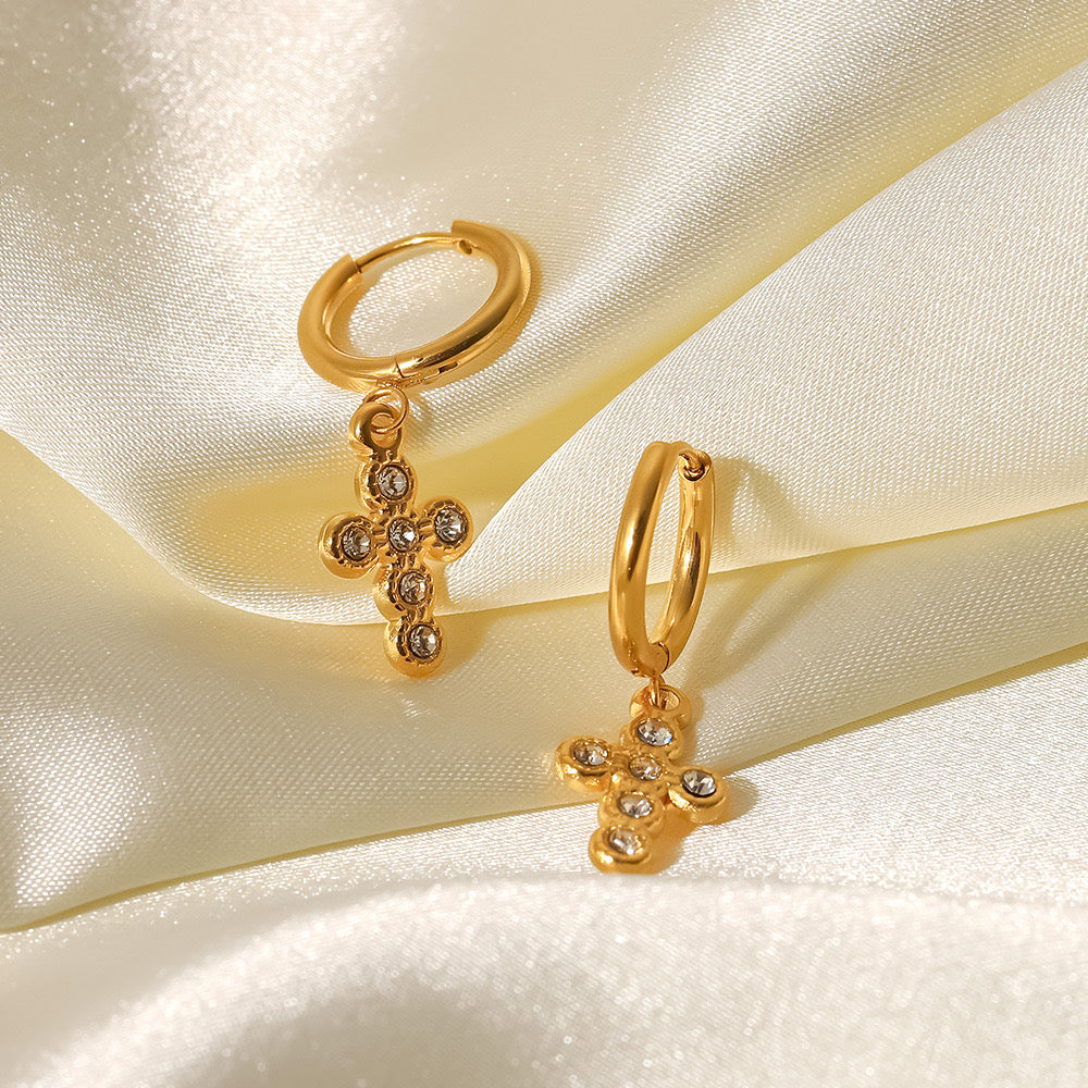 18K Gold Cross Small Hoop Huggie Earrings