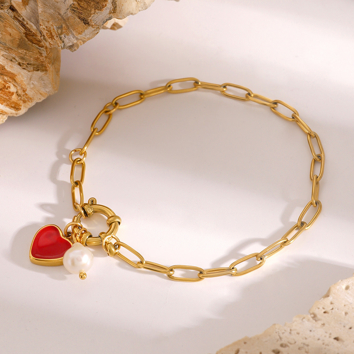18K Gold Heart Chain Charm Bracelet