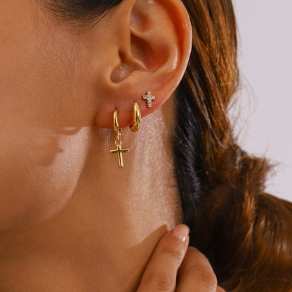 18K Gold Cross Small Hoop Huggie Earrings Set