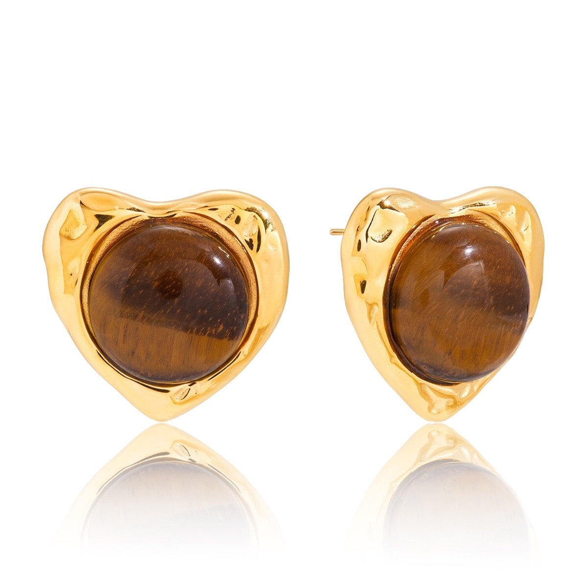18K Gold Amber Kiss Tiger Eye Gemstone Heart Pendant Necklace