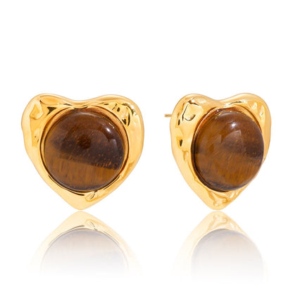 18K Gold Amber Kiss Tiger Eye Gemstone Heart Pendant Necklace