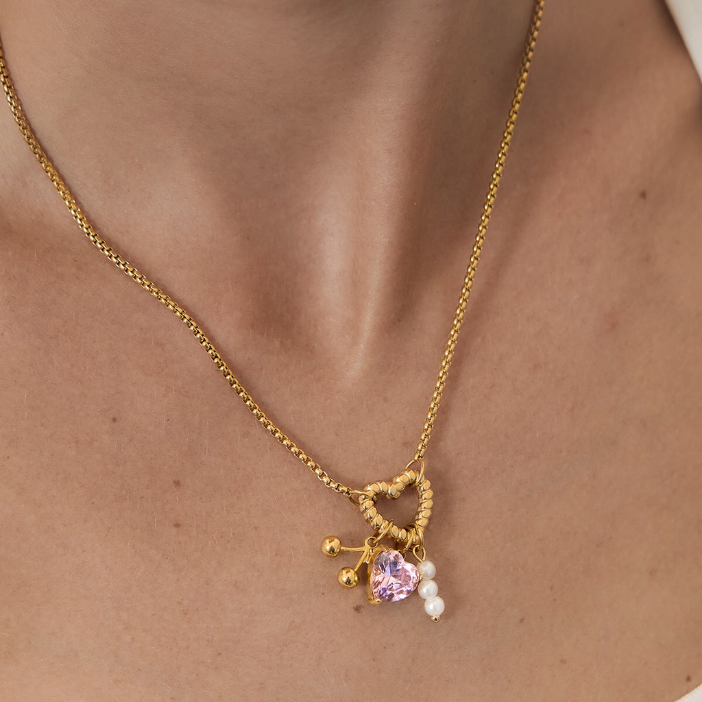 18K Gold Cherry Crush Pink Heart Charm Necklace