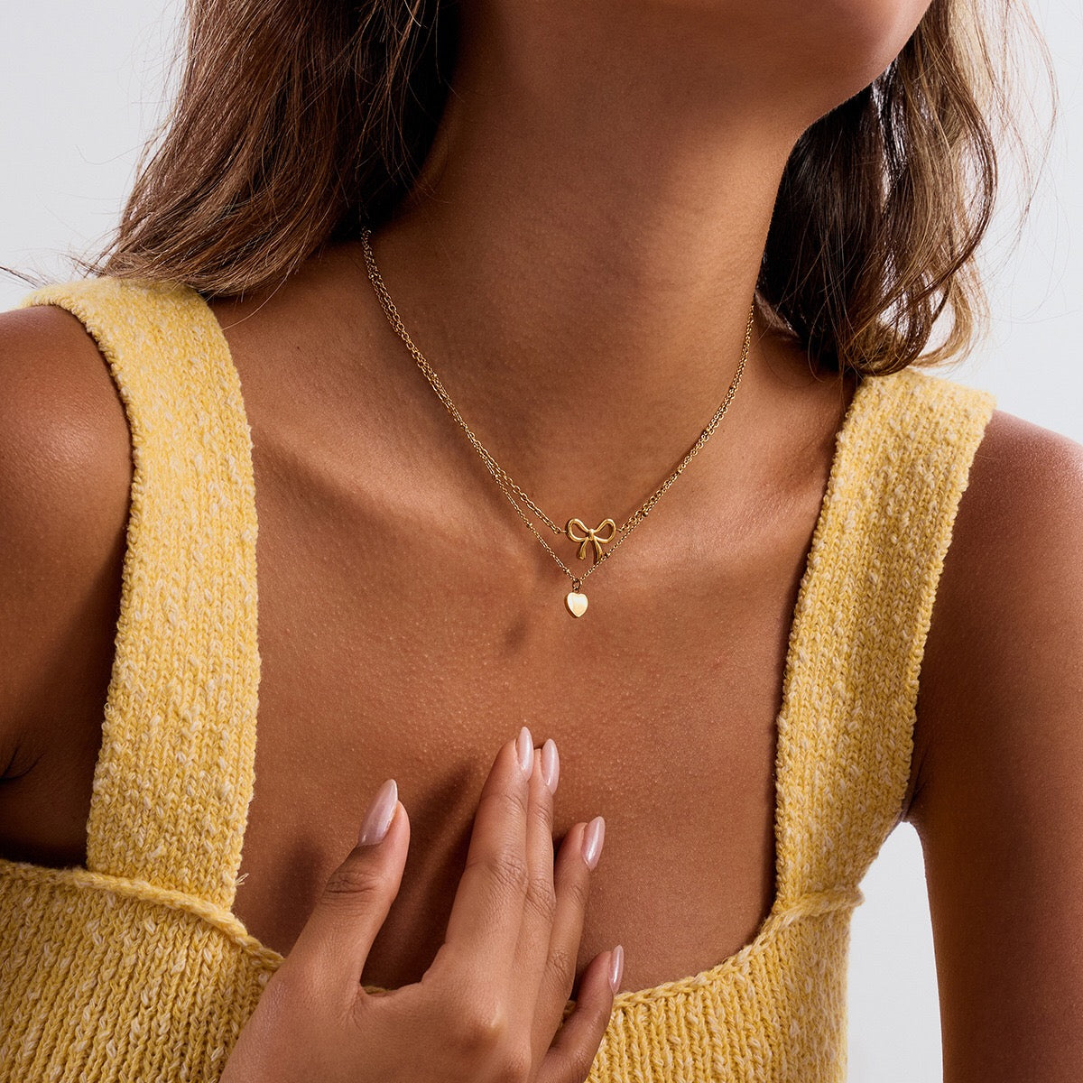 18K Gold Dainty Heart Bow Pendant Double Chain Layered Necklace Set
