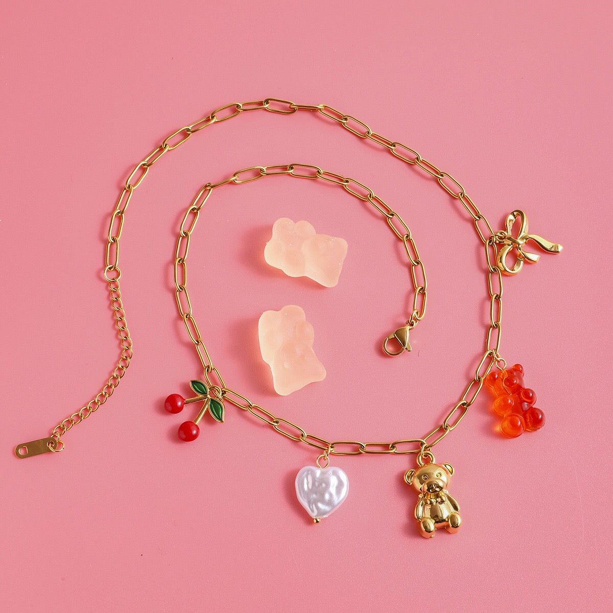 18K Gold Gummy Bear Cute Bow Cherry Paperclip Chain Charm Necklace