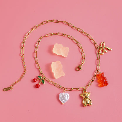 18K Gold Gummy Bear Cute Bow Cherry Paperclip Chain Charm Necklace