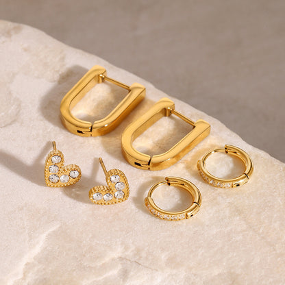 18K Gold Heart Studs Small Hoop Huggie Earrings Set