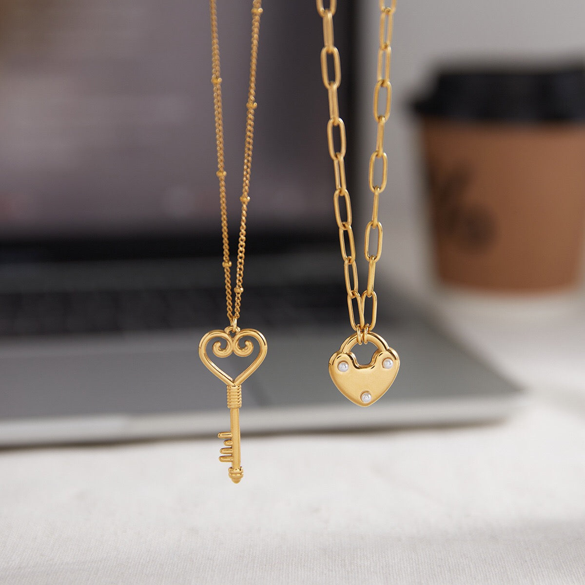 18K Gold Heart Keeper Pendant Paperclip Herringbone Snake Chain Layered Necklace Set