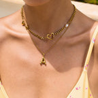 18K Gold Heart Safety Pin Pearl Cuban Curb Chain Necklace