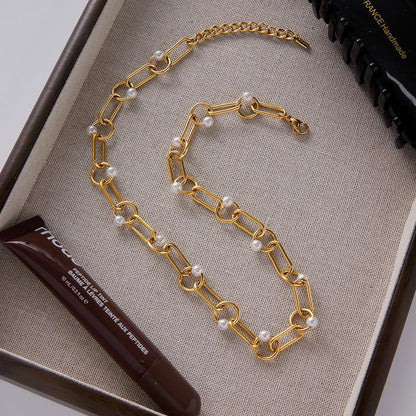 18K Gold Modern Loop Pearl Circle Chain Necklace