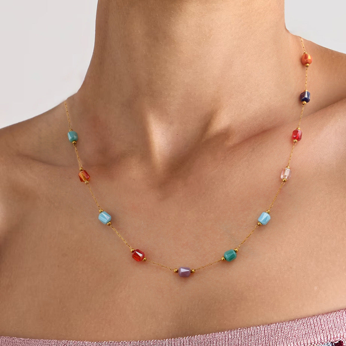 18K Gold Color Candy Beaded Chain Necklace