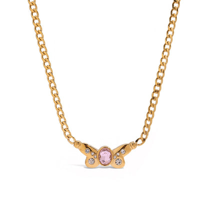 18K Gold Pink Butterfly Curb Chain Necklace