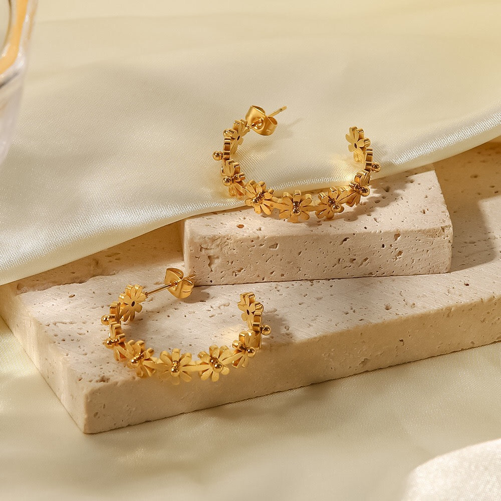 18K Gold Flower Blossom Hoop Huggie Earrings