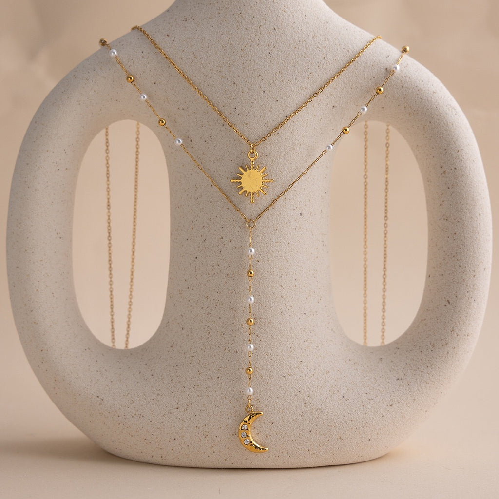 18K Gold Eclipse Spark Sun and Moon Pearl Pendant Y shape Lariat Layered Necklace