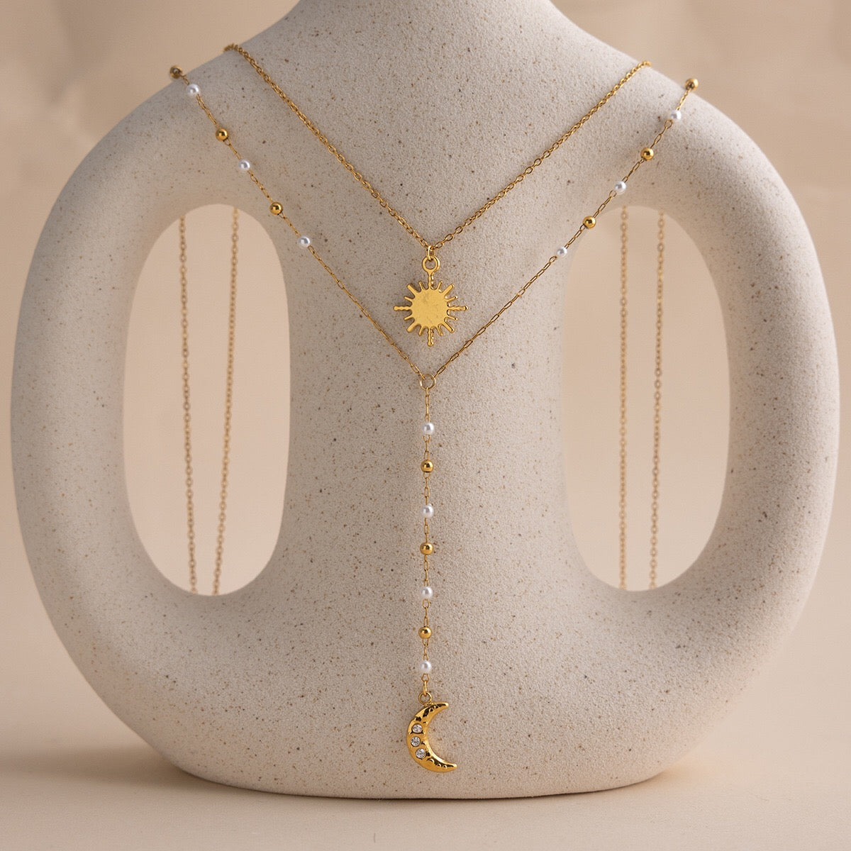 18K Gold Eclipse Spark Sun and Moon Pearl Pendant Y shape Lariat Layered Necklace