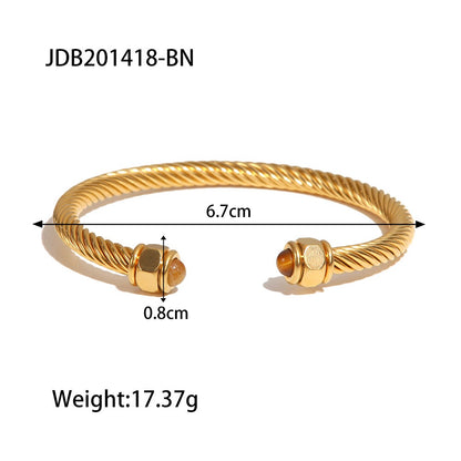18K Gold Natural Stone Twisted Ribbed Cuff Bangle Bracelet